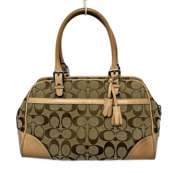 Auth COACH Hamptons Signature Satchel 8K05 Khaki Light Brown Jacquard Leather - Picture 2 of 10